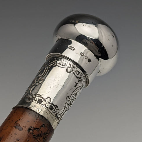 1890年 英国アンティーク 紳士用ステッキ 杖 純銀製 丸ハンドル 91cm